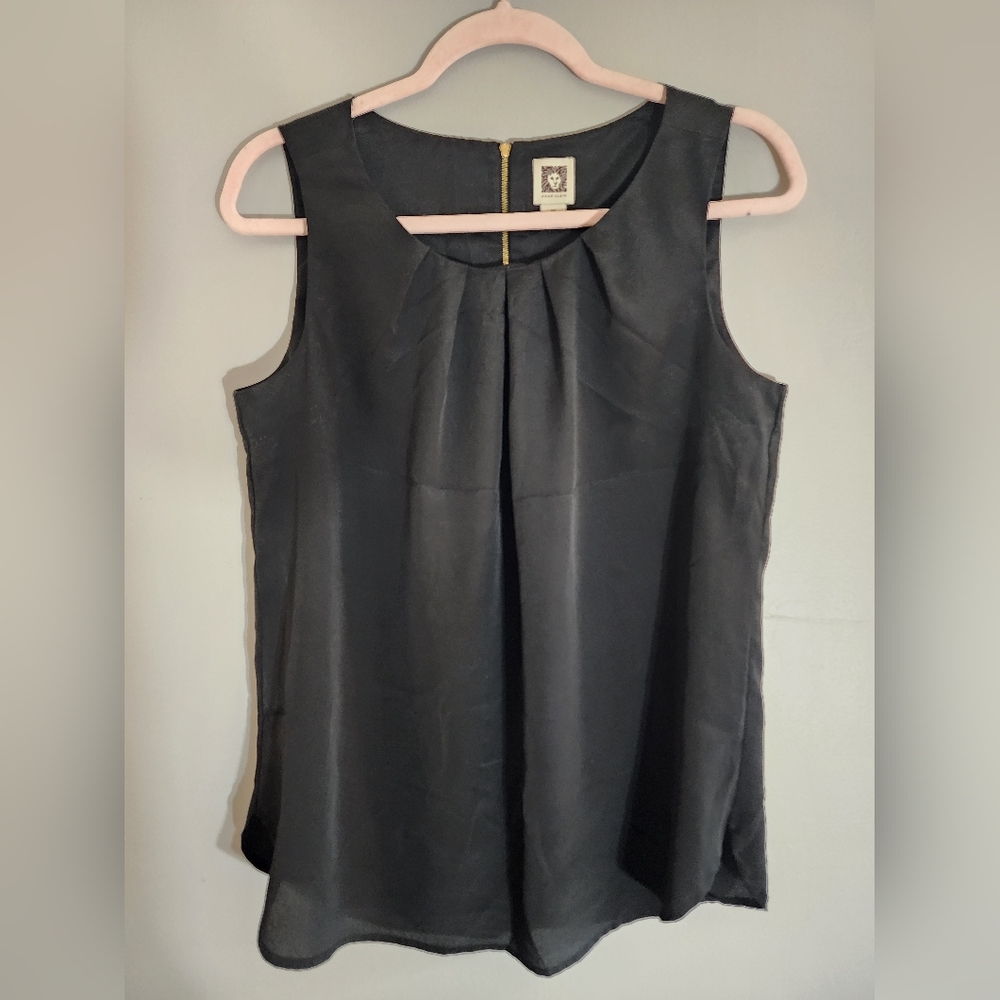 ANNE KLIEN - M - CLASSIC BLACK TANK TOP - PLEATED FRONT AND GOLD ZIP BACK